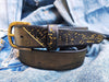 A black and gold hammered leather belt with touch of gold embossed with computer card design by ishaor the perfect elegant gift belt for her