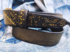 A black and gold hammered leather belt with touch of gold embossed with computer card design by ishaor the perfect elegant gift belt for her