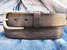 A brown leather  Ishaor belt with gray patina the perfect color  The color combination creates a belt that matches any outfit the best gift.