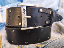 Mens Black Leather Belt with Rivets - Rock and Roll Guitar Pick Buckle for Music Lovers - Gift for Men