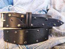 Mens Black Leather Belt with Rivets - Rock and Roll Guitar Pick Buckle for Music Lovers - Gift for Men