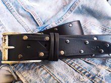 Mens Black Leather Belt with Rivets - Rock and Roll Guitar Pick Buckle for Music Lovers - Gift for Men