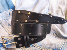 Mens Black Leather Belt with Rivets - Rock and Roll Guitar Pick Buckle for Music Lovers - Gift for Men