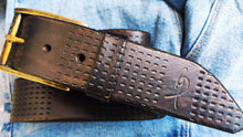 Personalized Brown Leather Belt with Unique Computer Parts Embossing - Sophisticated Texture for Customizable Gift