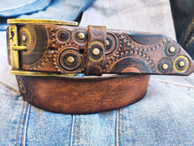 Dark brown men's belt embossed with motorcycle gears perfect men's gift for Bikers by Ishaor