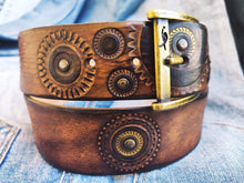 Dark brown men's belt embossed with motorcycle gears perfect men's gift for Bikers by Ishaor