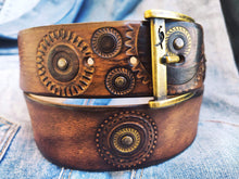 Steampunk Leather Belt with Gears 42cm Wide Brown Bronze Buckle Rivets  Gold Accents - Perfect for Bikers