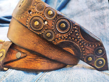 Steampunk Leather Belt with Gears 42cm Wide Brown Bronze Buckle Rivets  Gold Accents - Perfect for Bikers