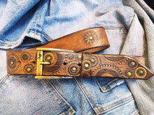 Steampunk Leather Belt with Gears 42cm Wide Brown Bronze Buckle Rivets  Gold Accents - Perfect for Bikers