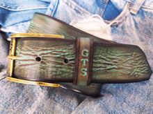 A vintage turquoise leather belt with brown wash, amazing unique color  the perfect gift for him for the holidays that can be personalized