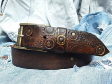 Handmade Leather Steampunk Belt with Gear Detailing - 42cm Width Brown with Bronze Buckle Rivets and Touch of Gold - Perfect for Bikers