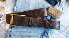 Personalized Brown Leather Belt with Unique Computer Parts Embossing - Sophisticated Texture for Customizable Gift