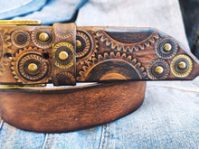 Steampunk Leather Belt with Gears 42cm Wide Brown Bronze Buckle Rivets  Gold Accents - Perfect for Bikers