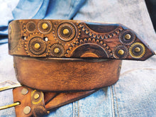 Dark brown men's belt embossed with motorcycle gears perfect men's gift for Bikers by Ishaor