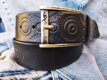 A handmade black leather belt embellished with stamps of motorcycle gear stunning belt for bikers the perfect gift for Motorcycle lovers