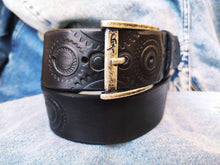 A handmade black leather belt embellished with stamps of motorcycle gear stunning belt for bikers the perfect gift for Motorcycle lovers