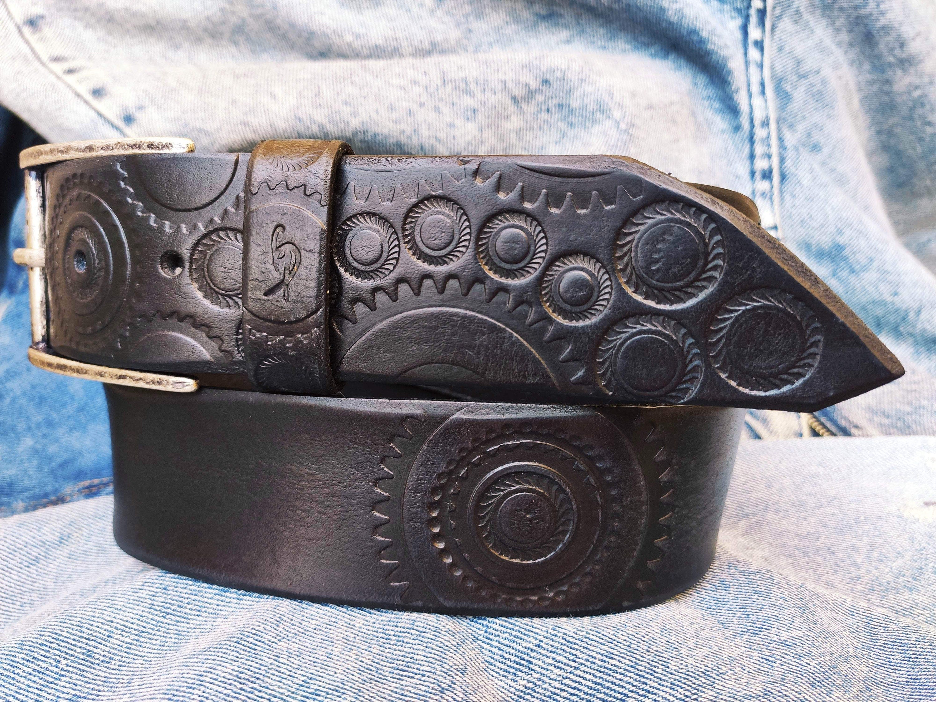 A handmade black leather belt embellished with stamps of motorcycle gear stunning belt for bikers the perfect gift for Motorcycle lovers