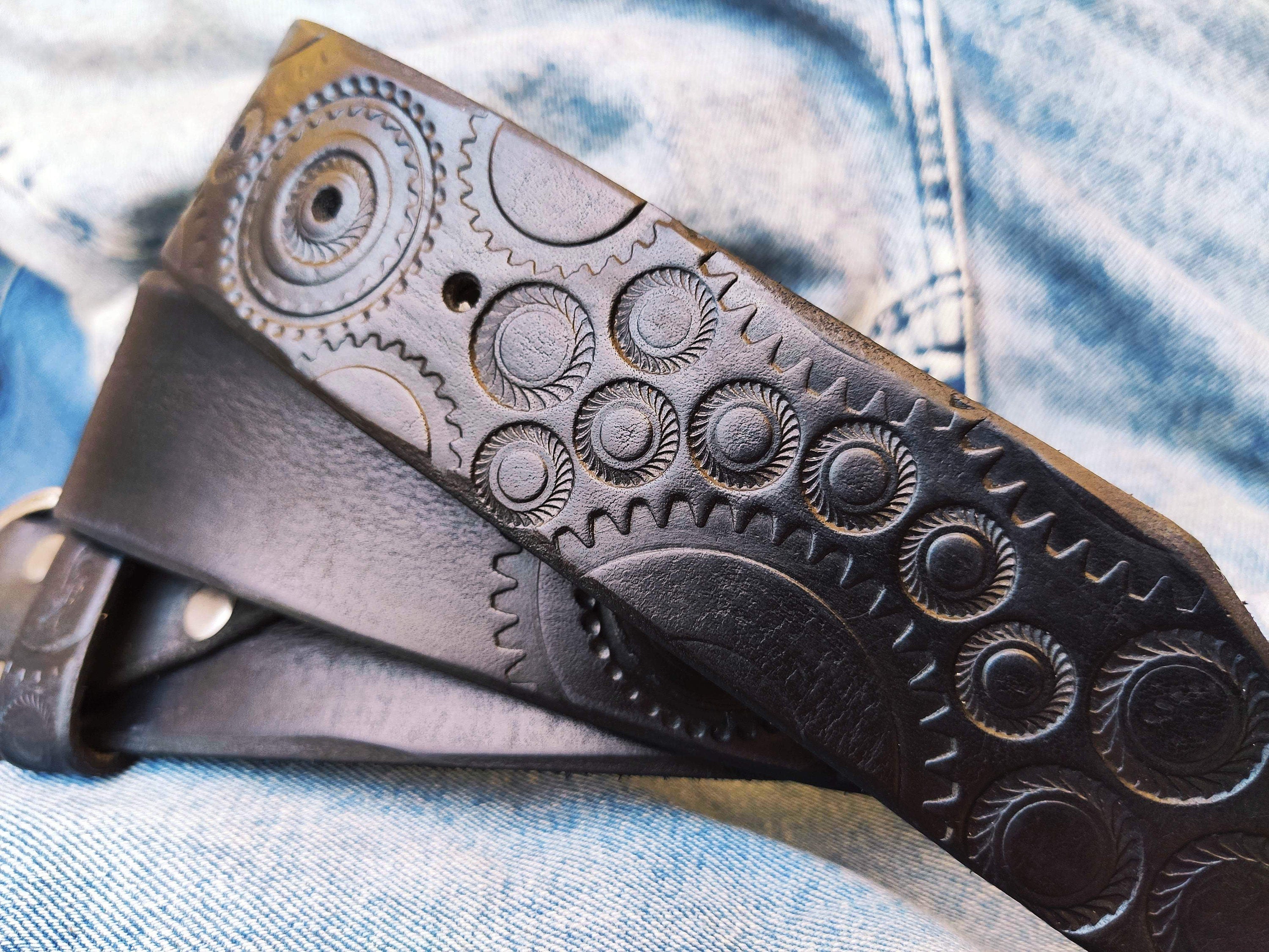 A handmade black leather belt embellished with stamps of motorcycle gear stunning belt for bikers the perfect gift for Motorcycle lovers