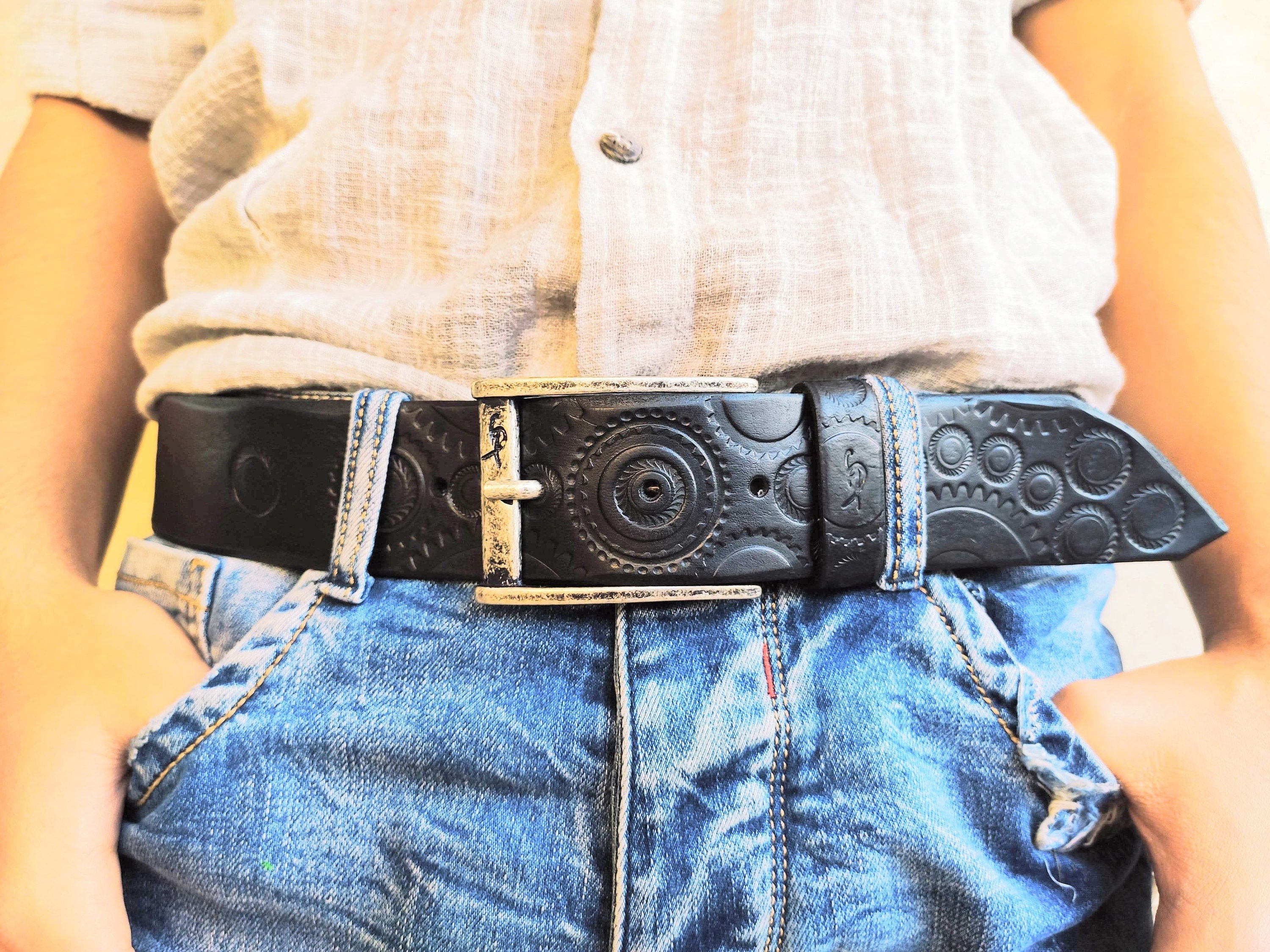 A handmade black leather belt embellished with stamps of motorcycle gear stunning belt for bikers the perfect gift for Motorcycle lovers