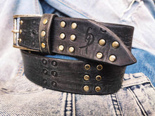 Ishaor Handmade Black leather belt  with stamps of RCA A stunning and original belt with vintage finish from Genuine leather & silver rivets