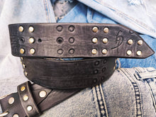 Ishaor Handmade Black Leather Belt with RCA Stamps - Vintage Finish Genuine Leather Silver Rivets