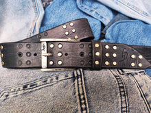 Ishaor Handmade Black Leather Belt with RCA Stamps - Vintage Finish Genuine Leather Silver Rivets