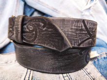 A black leather belt decorated with ishaor tribal unique handmade leather belt by ishaor ,perfect gift for men that love unique products