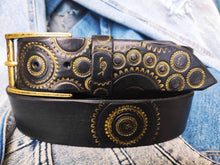 Handmade black leather belt embellished with gold stamps of motorcycle gear stunning belt for bikers the perfect gift for Motorcycle lovers