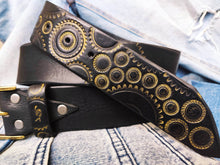 Handmade black leather belt embellished with gold stamps of motorcycle gear stunning belt for bikers the perfect gift for Motorcycle lovers