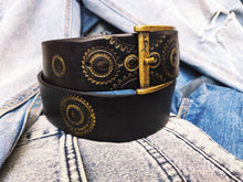 Handmade black leather belt embellished with gold stamps of motorcycle gear stunning belt for bikers the perfect gift for Motorcycle lovers