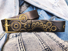 Handmade black leather belt embellished with gold stamps of motorcycle gear stunning belt for bikers the perfect gift for Motorcycle lovers