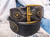 Handmade Black Leather Motorcycle Belt with Gold Stamped Gear and Rivet Accents - Ideal for Bikers and Motorcycle Enthusiasts