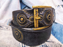 Black Leather Belt with Gold Gear for Motorcycle Enthusiasts