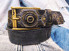 Handmade Black Leather Motorcycle Belt with Gold Stamped Gear and Rivet Accents - Ideal for Bikers and Motorcycle Enthusiasts