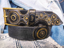 Black Leather Belt with Gold Gear for Motorcycle Enthusiasts