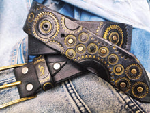 Black Leather Belt with Gold Gear for Motorcycle Enthusiasts