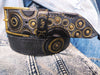 Handmade black leather belt embellished with gold stamps of motorcycle gear and rivets, stunning belt for bikers and motorcycle lovers