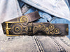 Handmade Black Leather Motorcycle Belt with Gold Stamped Gear and Rivet Accents - Ideal for Bikers and Motorcycle Enthusiasts