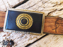 Ishaor original rectangle buckle with dark brown leather inside & motorcycle gear stamp in gold  ,stunning buckle that will upgrade any belt