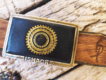 Ishaor Rectangle Buckle with Dark Brown Leather  Motorcycle Gear Stamp in Gold - Upgrade Any Belt