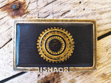 Ishaor original rectangle buckle with dark brown leather inside & motorcycle gear stamp in gold  ,stunning buckle that will upgrade any belt