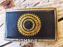 Ishaor original rectangle buckle with dark brown leather inside & motorcycle gear stamp in gold  ,stunning buckle that will upgrade any belt