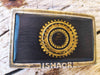 a Ishaor original square buckle with dark brown leather inside & motorcycle gear stamp in gold ,stunning buckle that will upgrade any belt