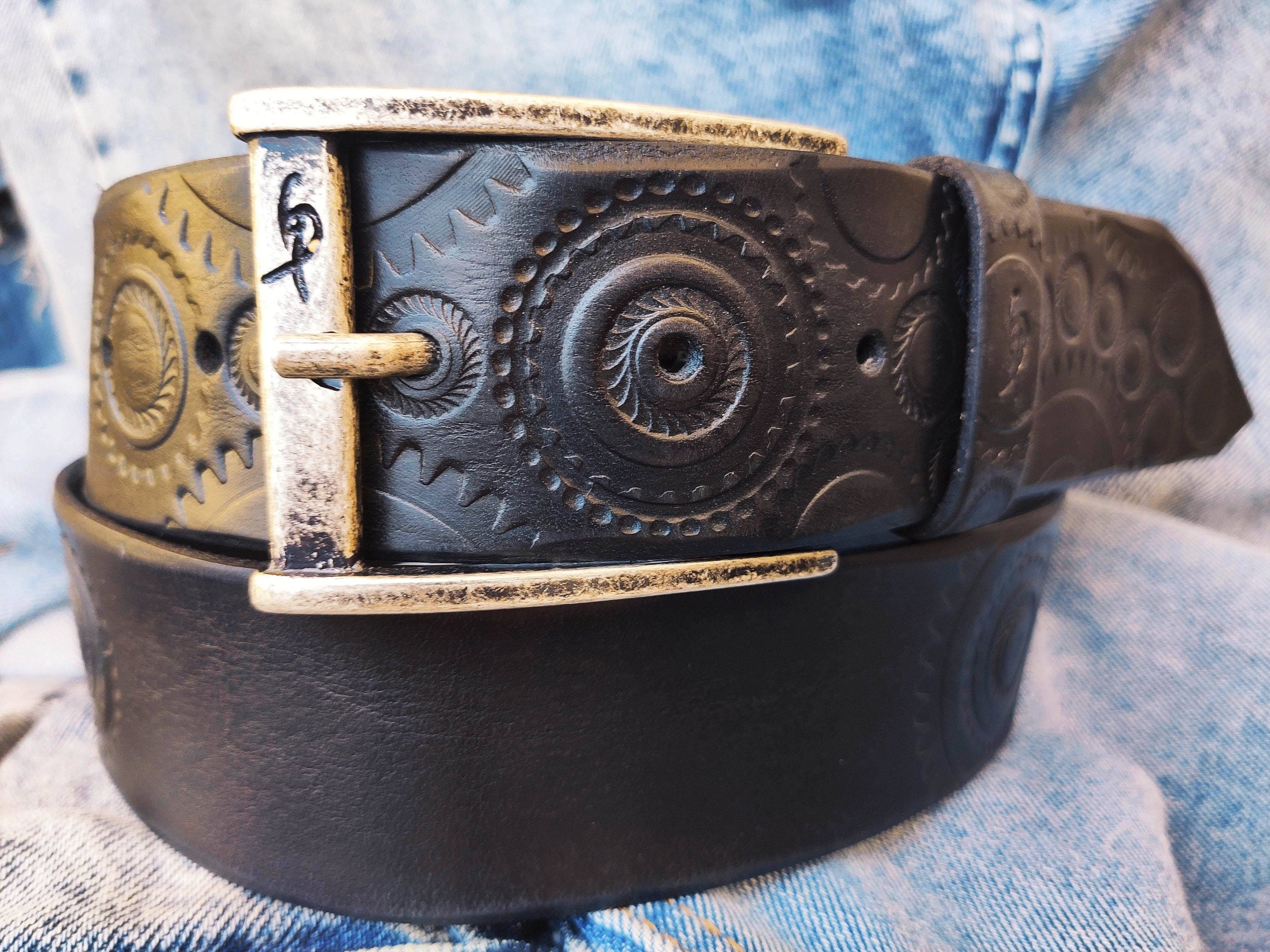 A handmade black leather belt embellished with stamps of motorcycle gear stunning belt for bikers the perfect gift for Motorcycle lovers