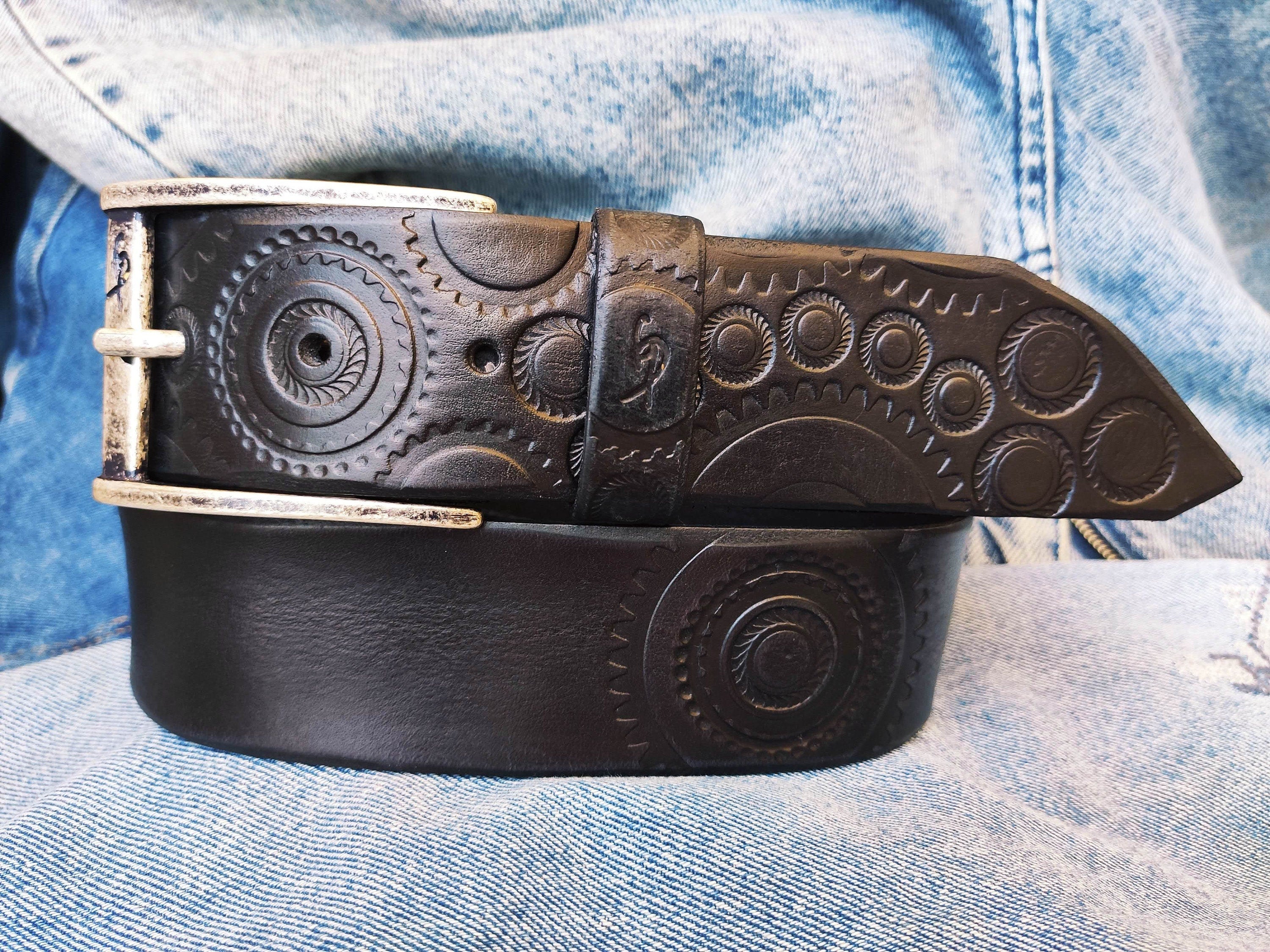 A handmade black leather belt embellished with stamps of motorcycle gear stunning belt for bikers the perfect gift for Motorcycle lovers