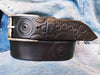 Handmade Black Leather Belt with Motorcycle Gear Stamps - Perfect Gift for Bikers