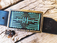 a Ishaor original rectangle buckle with turquoise leather embossing with heat sink cooler & brown wash stunning buckle that upgrade any belt