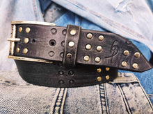 Ishaor Handmade Black leather belt  with stamps of RCA A stunning and original belt with vintage finish from Genuine leather & silver rivets