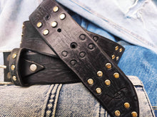 Ishaor Handmade Black Leather Belt with RCA Stamps - Vintage Finish Genuine Leather Silver Rivets