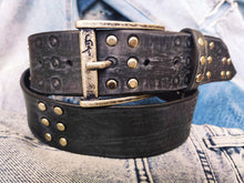 Ishaor Handmade Black Leather Belt with RCA Stamps - Vintage Finish Genuine Leather Silver Rivets